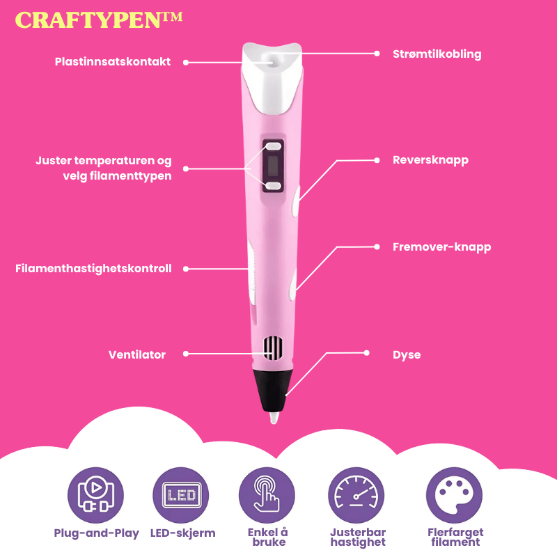 CraftyPen™ - 3D Penn Startpakke - 100M Filament - 10 Farger
