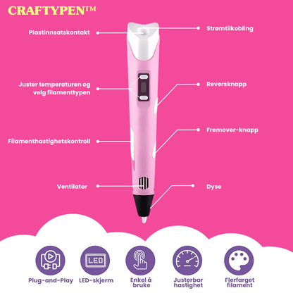 CraftyPen™ - 3D Penn Startpakke - 100M Filament - 10 Farger